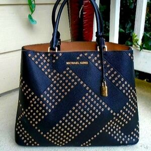 Michael Kors Black Leather Gold Rivets Tote